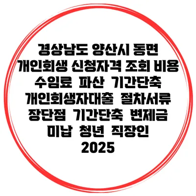 경상남도 양산시 동면 개인회생 신청자격 조회 비용 수임료 | 파산 | 기간단축 | 개인회생자대출 | 절차서류 | 장단점 | 기간단축 | 변제금 미납 | 청년 | 직장인 2025